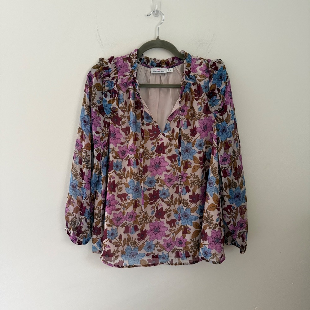 Vineyard Vines Floral Print Chiffon Ruffle Neck Long Sleeve Blouse Women's M‎